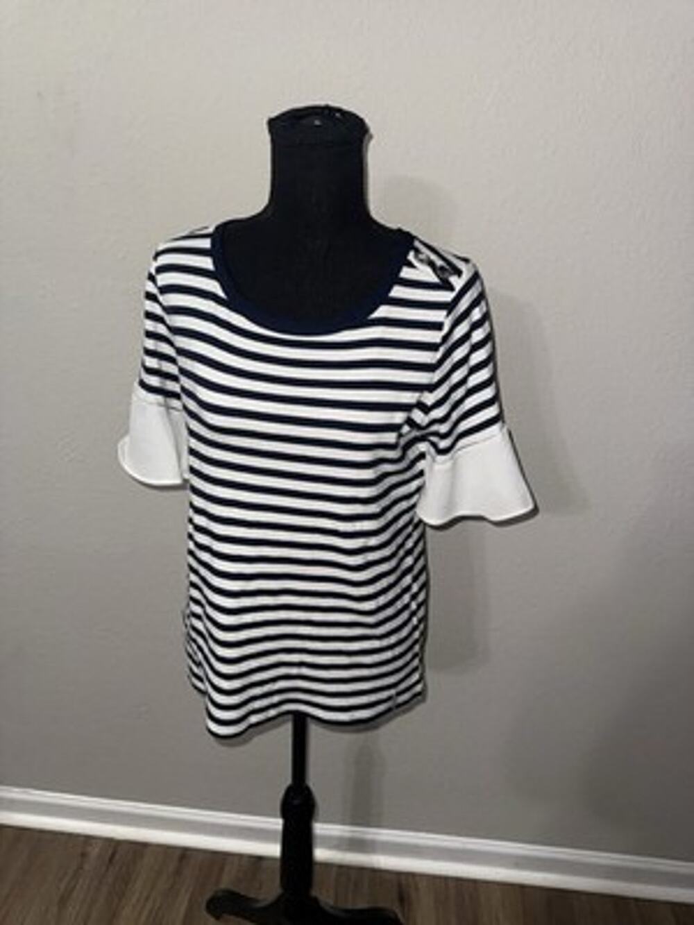 Nautica Navy White Striped Flutter Short Sleeve Top Shoulder Ring Nautical MD